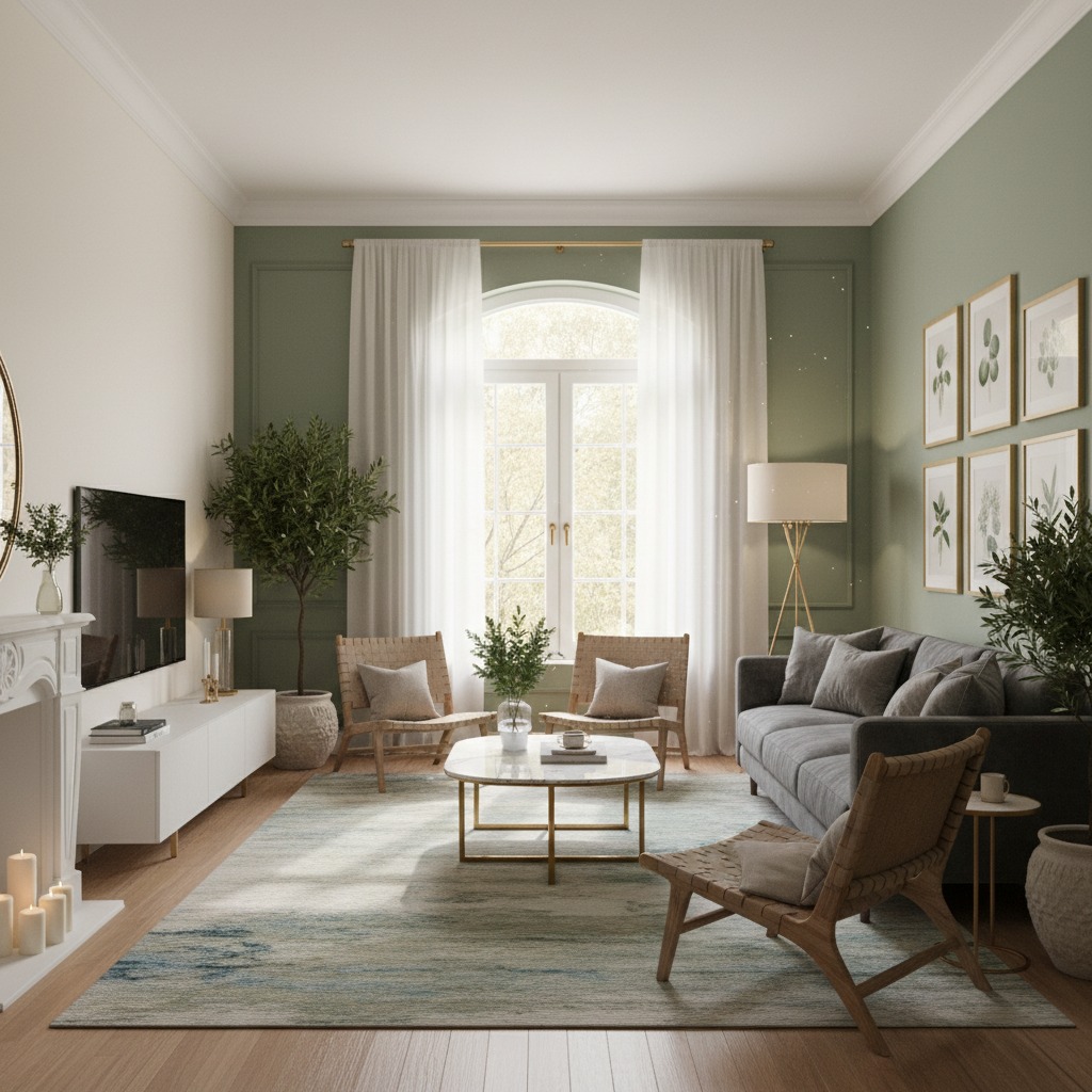 Elegancki salon w odcieniach zieleni z dużym oknem, szarą kanapą, stolikiem kawowym i kilkoma fotelami.